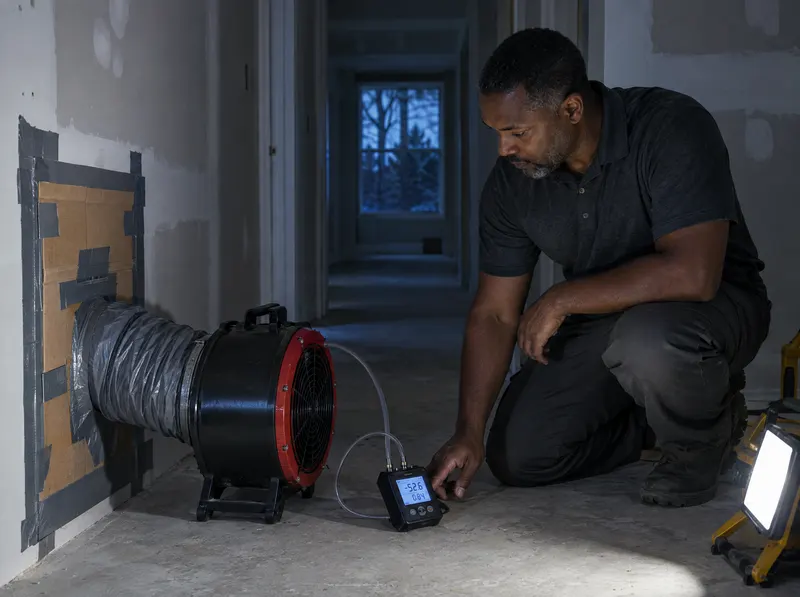 Technician reading a pressure gauge during a duct leakage test at a sealed return grille