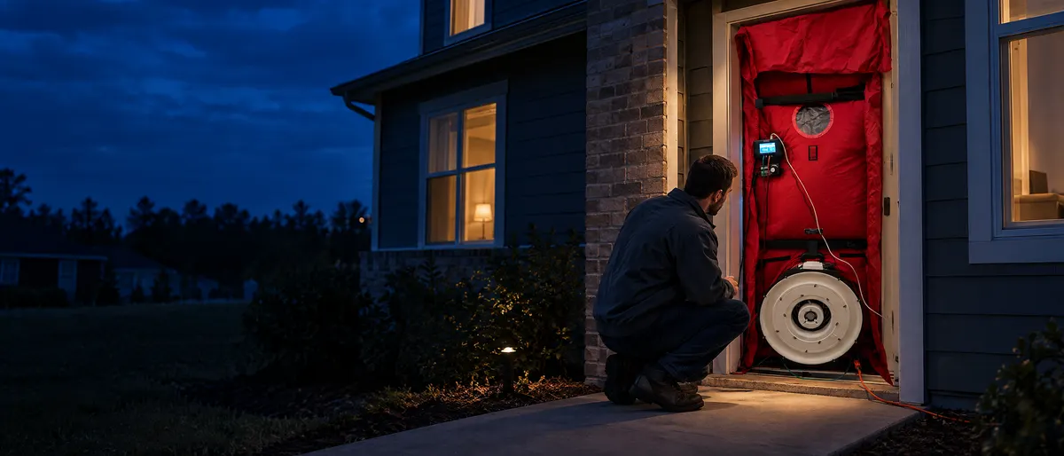 Technician running a blower door test at the front door of a new brick home at dusk